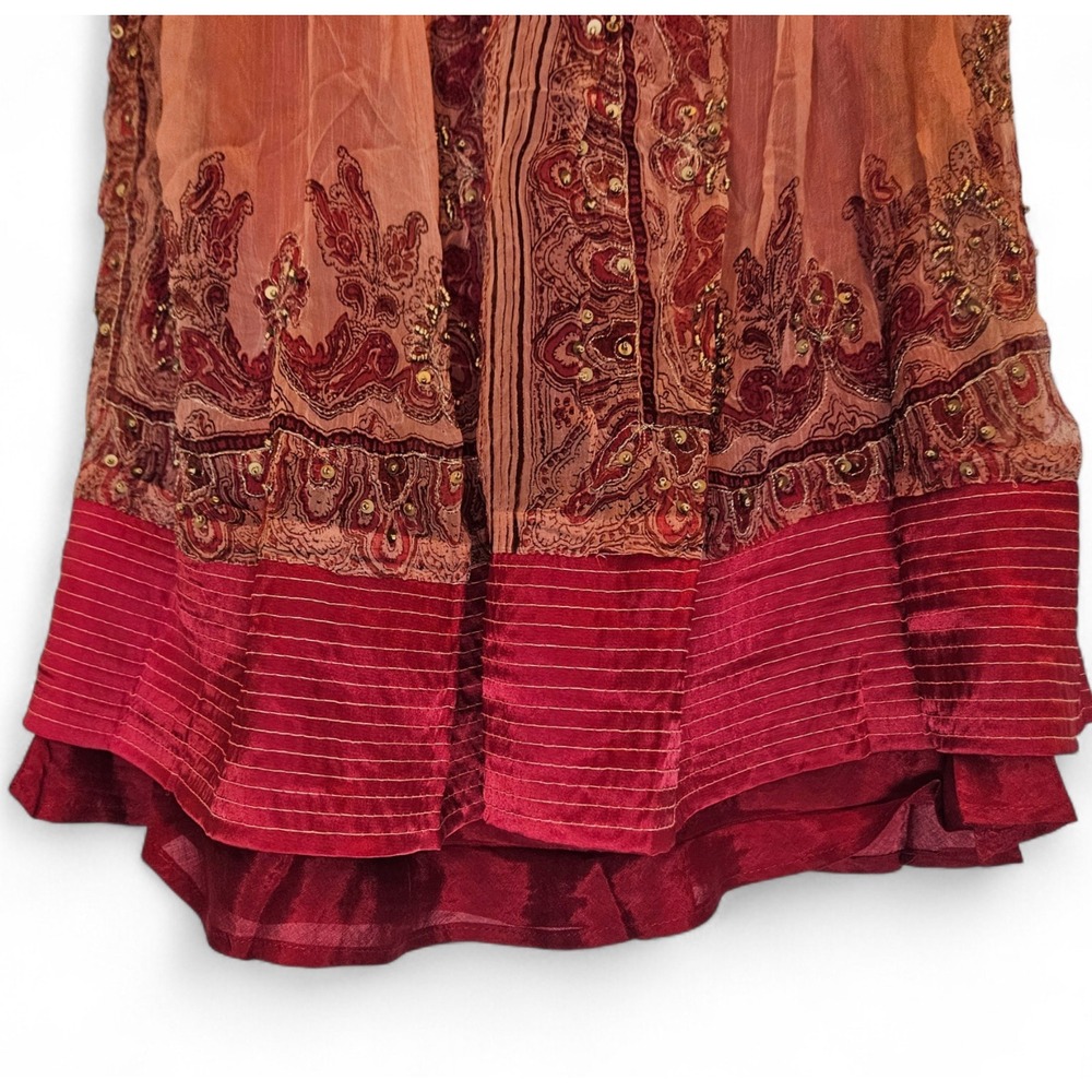 Chaudry Kaftan Slip Dress Small Red Embroidered Mesh Flowy Sleeves Beaded Boho - Picture 6 of 15